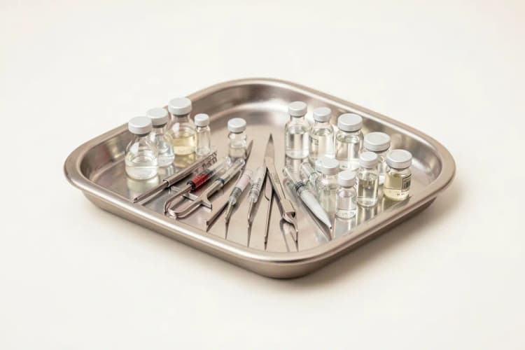 Kit com diversos instrumentos médicos e ampolas de vidro em uma bandeja esterilizada