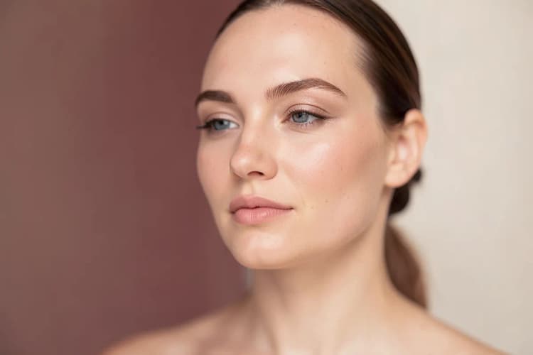 Rosto de mulher com maquiagem leve e natural, realçando traços de forma sutil