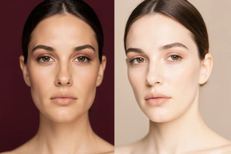 Comparação lado a lado de dois rostos femininos, um com traços mais marcados e outro com traços suaves e delicados