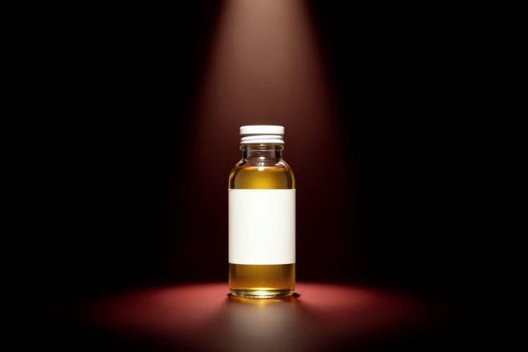 Ampola de vidro com líquido dourado e rótulo branco, em close-up sobre fundo escuro