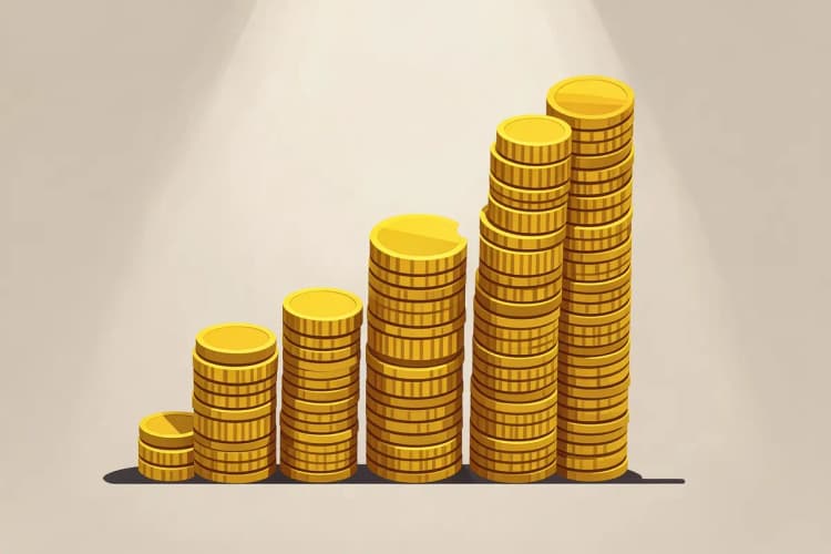 Gráfico de barras ascendente feito de moedas douradas empilhadas, em fundo neutro.