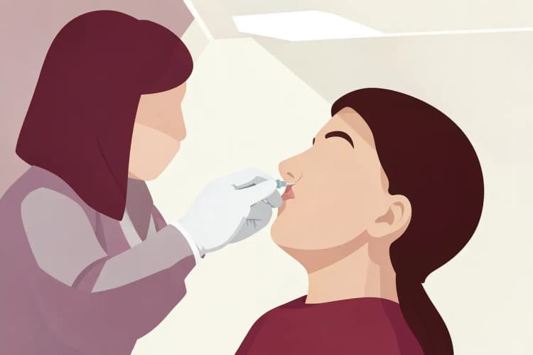 Profissional de saúde aplicando injeção no rosto de uma paciente com luvas.
