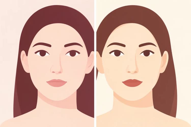Rosto de mulher antes e depois de procedimento estético, mostrando a transformação.